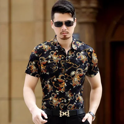 Цветочный Рисунок дракона резной модный уличный с короткими рукавами рубашка Лето 2019New качество золотой бархат мягкая удобная мужская рубашка - Цвет: as picture