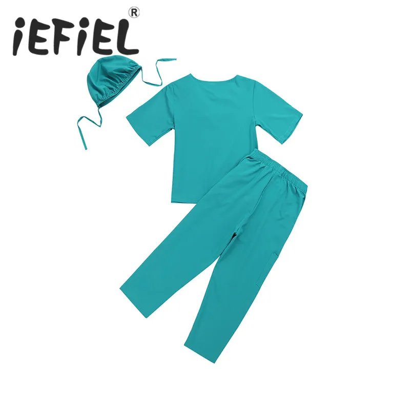 

iEFiEL Children Kids Boys Girls Surgeon Outfit Short Sleeves Tops with Pants Cap Set for Halloween Cosplay Party Costume Clothes
