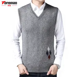 TONGMAO бренд Мужская одежда осень Для мужчин сплошной цвет v-образным вырезом свитер без рукавов Бизнес Повседневное вязаный жилет высокого