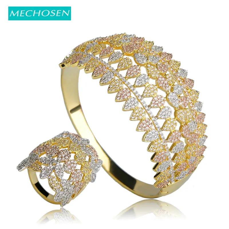 

MECHOSEN Romantic Women Wedding Jewelry Set Gold Color Bracelet Bangle Ring Sets Micro Paved Zirconia Pulseira Aneis Accessories