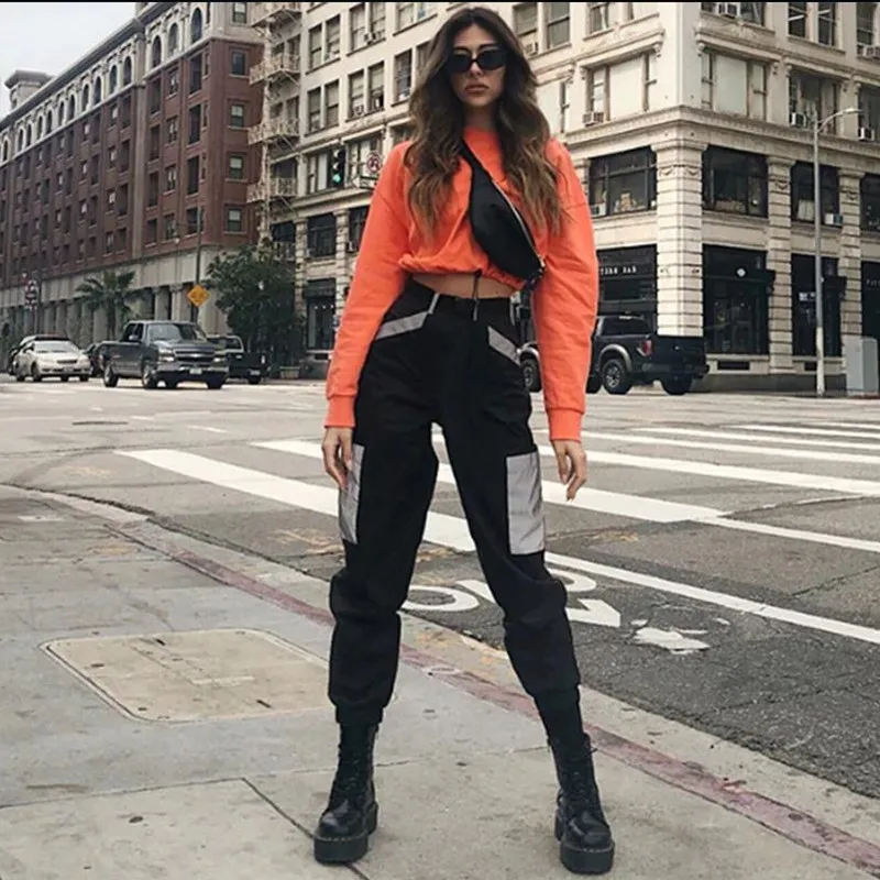 

HOUZHOU Trousers Women Cargo Pants Reflective Patchwork Pants Famale Joggers Women 2019 Summer Streetwear Pantalon Female