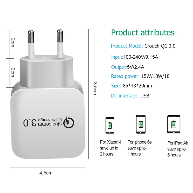 Быстрая зарядка 3 0 ЕС/США 18 Вт USB QC настенное дорожное Универсальное зарядное