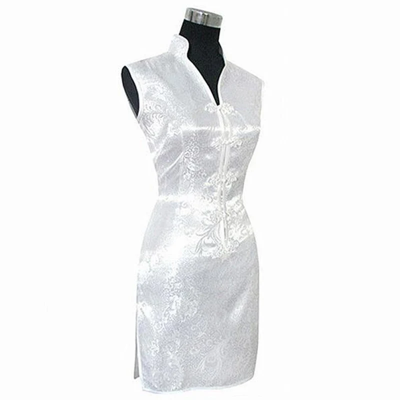 

Fashion White Chinese Lady Rayon Qipao Cheongsam Vintage Button Dress Totem&Flower Clothing Size S M L XL XXL XXXL WC172
