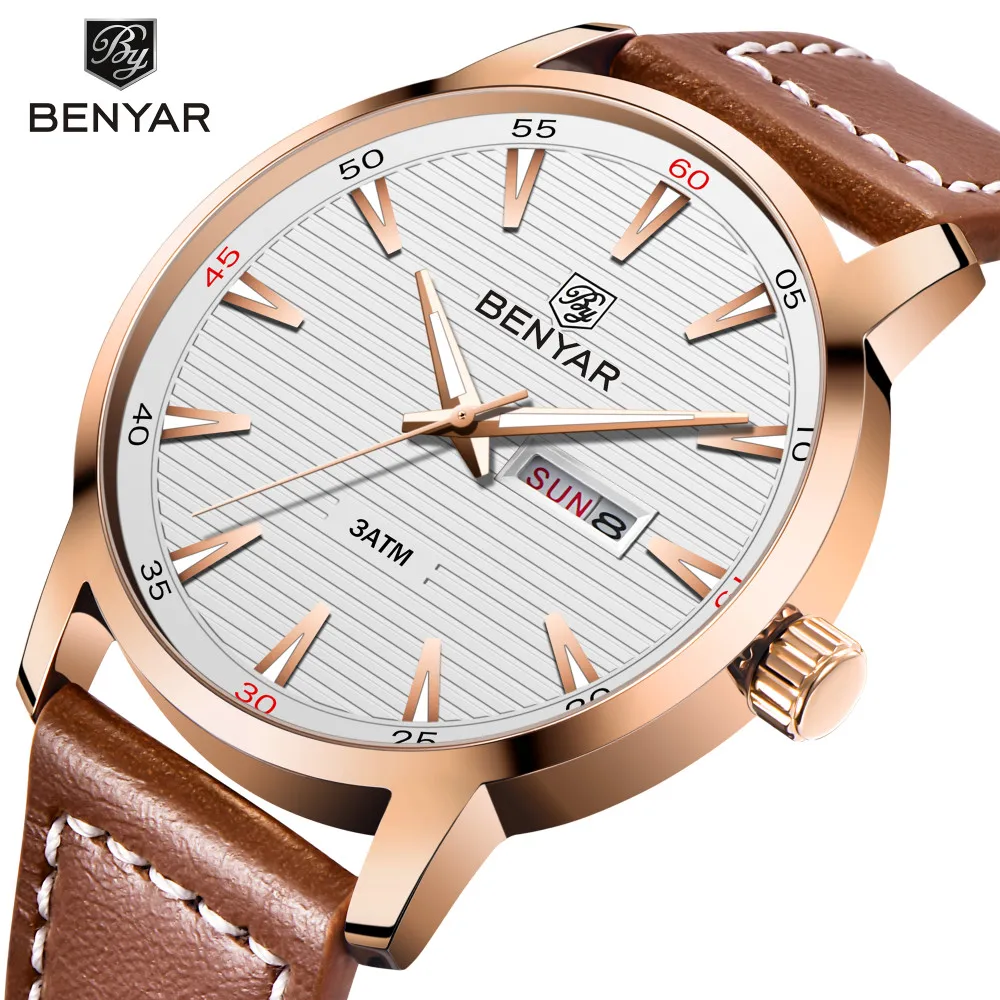 

BENYAR 2019 Fashion Men Watches Analog Quartz Wristwatches 30M Waterproof Sports Date Leather Top Band mens Watches Montre Homme