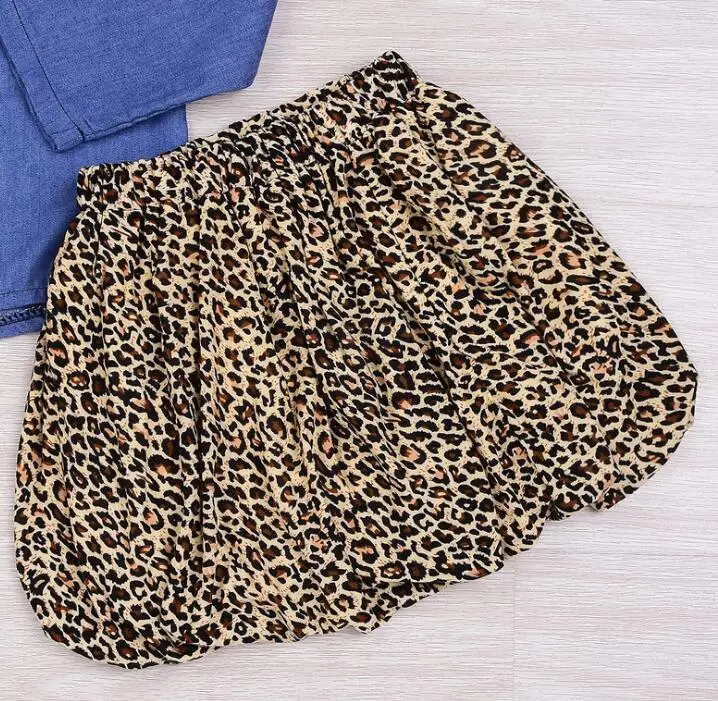 5 предметов/партия, комплект одежды для маленьких девочек Leopard(джинсовая рубашка+ юбка) для маленьких детей костюм для девочек От 1 до 5 лет Sylvia 555061196297