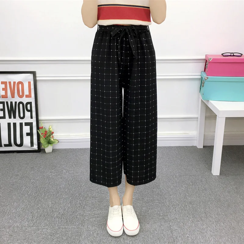 Новые модные летние широкие брюки для женщин с высокой талией, клетчатые полосатые свободные брюки палаццо, элегантные офисные женские брюки - Цвет: Plaid 1
