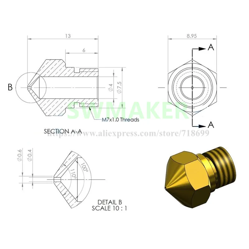 3D принтер MK10 экструдер Hotend 0 4 мм насадка горловина нагревателя для FlashForge Wanhao