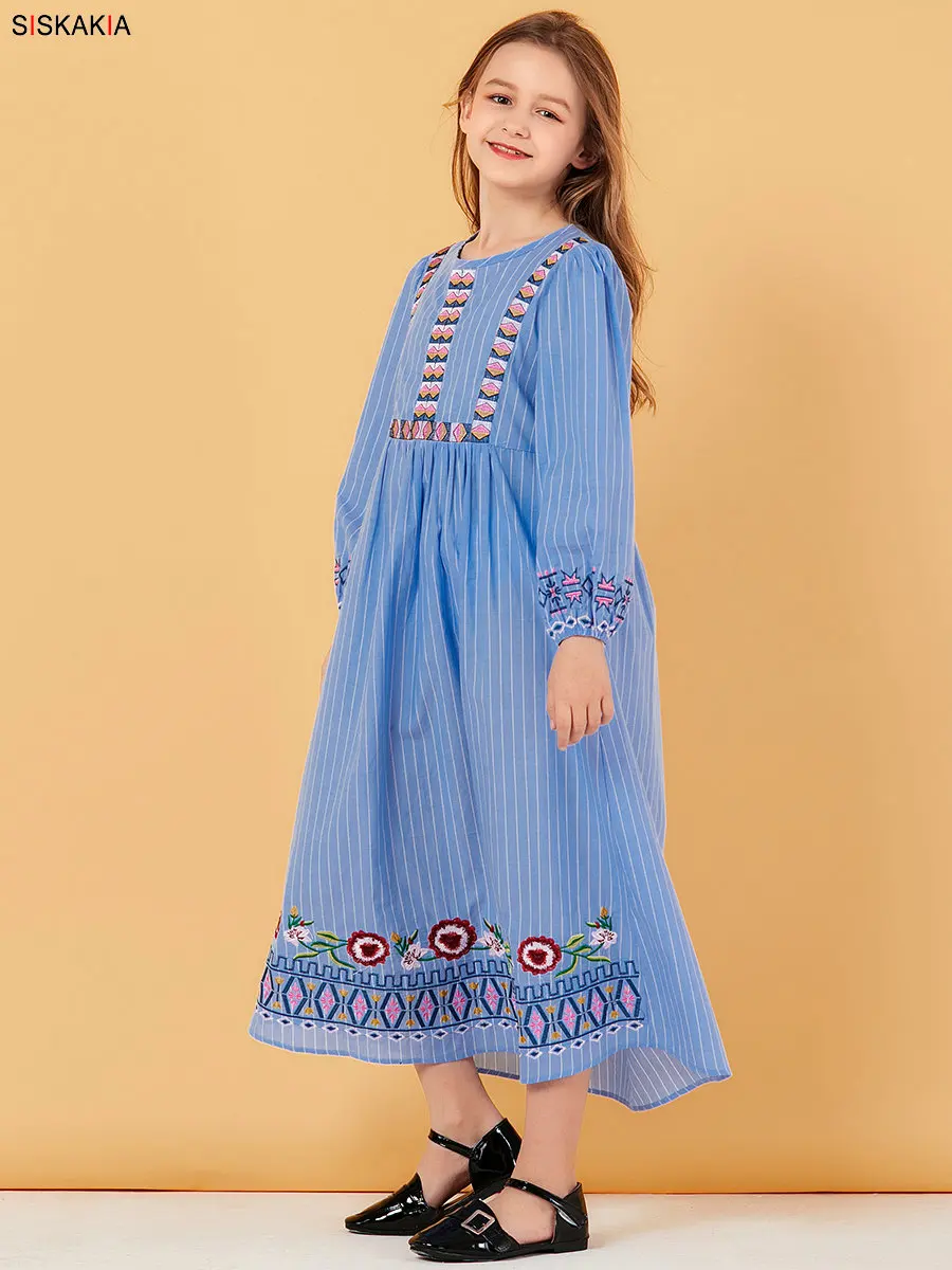 Mother and Daughter striped Embroidery Long Dress Muslim Parent Child Girl Casual Dresses Long Sleeve Plus Size Autumn Blue