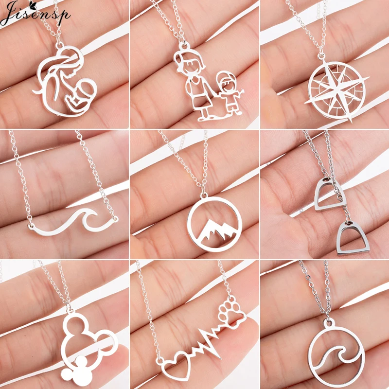 

Jisensp Animal Mouse Necklace Stainless Steel Mickey Pendant Necklaces Collar Love my Mom Family Necklace Mother Gift Bijoux