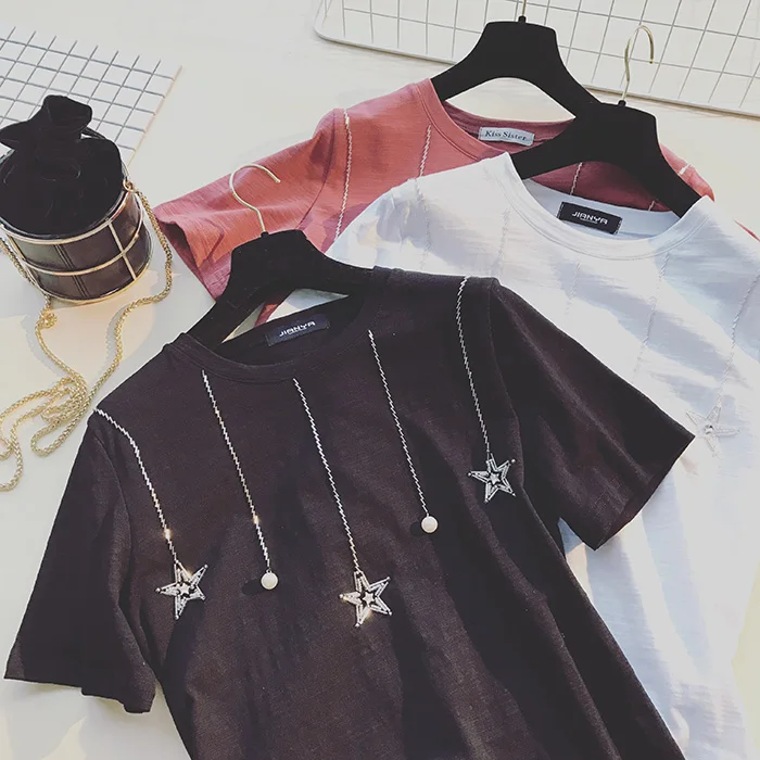Camiseta con cuentas de estrellas y lentejuelas para mujer, camiseta de verano, camisetas de algodón, camisetas de manga corta, camisetas para mujer, camiseta para mujer Camiseta con cuentas de estrellas y lentejuelas para mujer, camiseta de verano, camisetas de algodón, camisetas de manga corta, camisetas para mujer, camiseta para mujer
