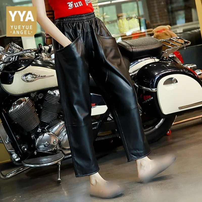 Echt Leer Vrouwen Harembroek Elastische Taille Casual Schapenvacht Enkellange Broek Zwart Losse Grote Zak Lederen Broek Dame Echt Leer Vrouwen Harembroek Elastische Taille Casual Schapenvacht Enkellange Broek Zwart Losse Grote Zak Lederen Broek Dame