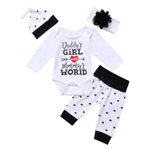 

2017 new baby girl clothes 4pcs infant newborn baby girl letter romper pants headband hat autumn baby girl clothing