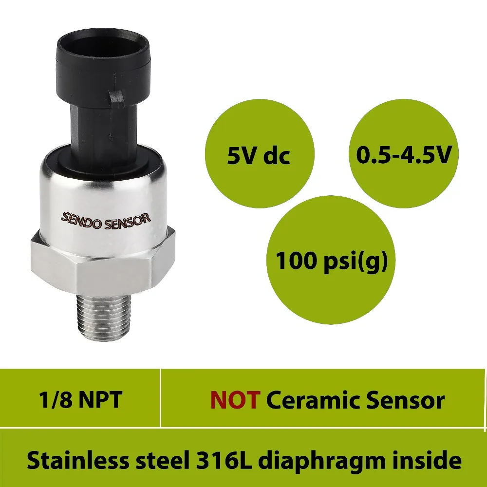 

0 100psi, 700kpa ,7bar gauge, pressure sensor transmitter, 0.5-4.5V output, stainless steel 316L diaphragm, 1 8 NPT, 5Vdc supply