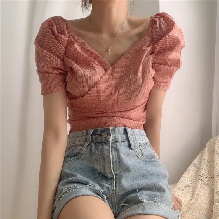 

Fashion 2019 Pleated Plaid Sexy Shirt Women Short Puff Sleeve Slim Blouse Cross V-Neck Vintage Casual Mujer Top