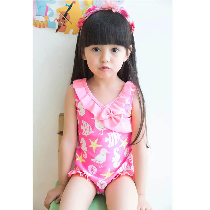 

Children's swimwear beautiful pink bowknot flower printing girls one-piece swimsuit
