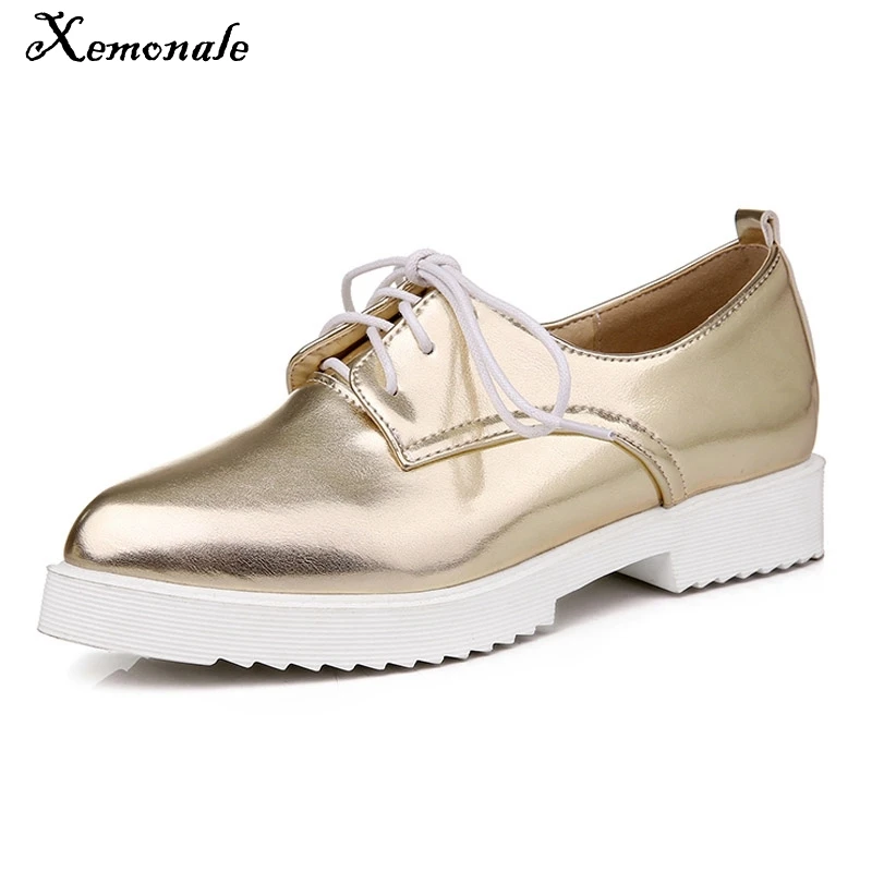 Xemonale 2017 Women Oxfords Gold Silver Brogue Shoes Woman British