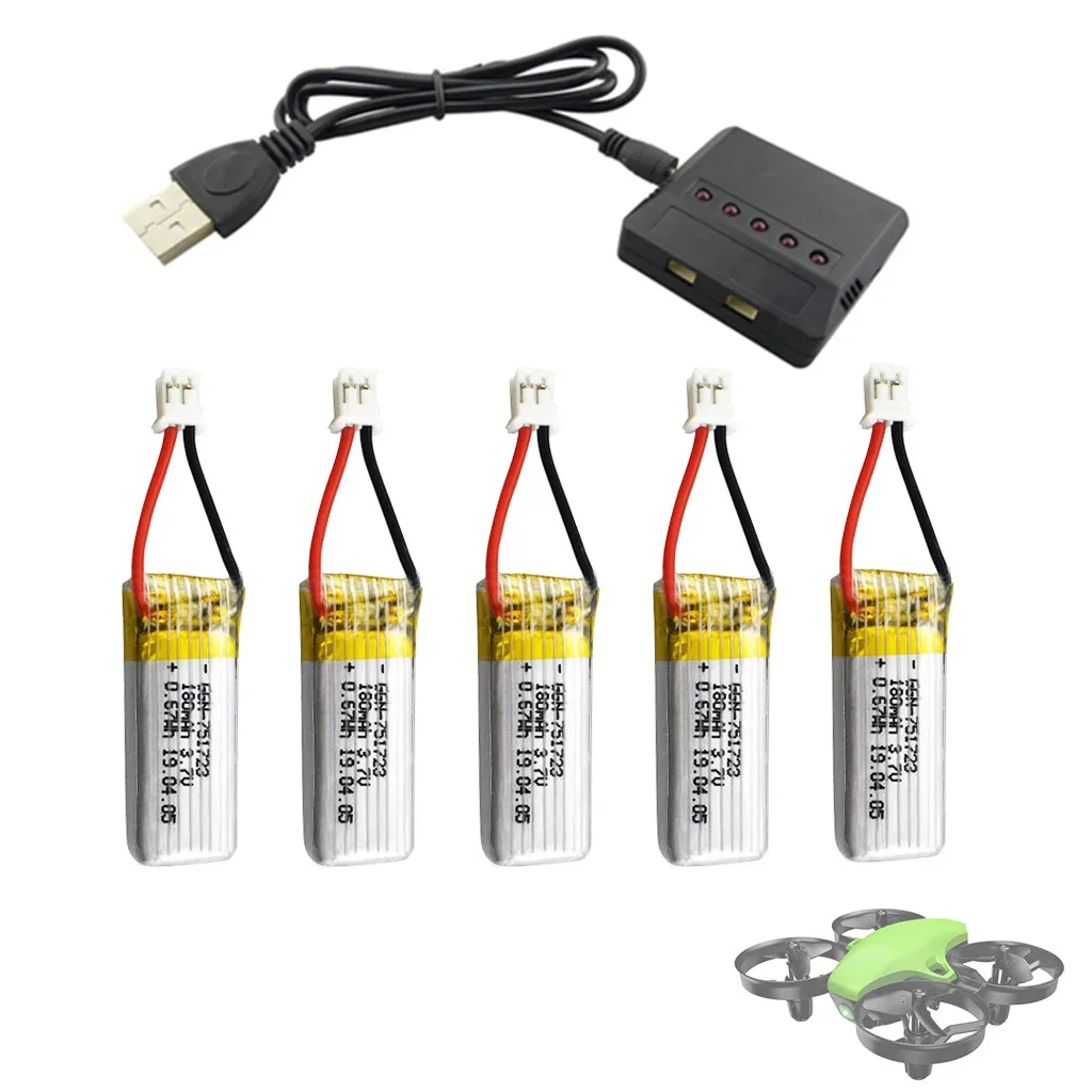

5 Pcs Battery 3.7V 180 mAh With 5 in 1 Charger For RC Drone A20 A20W Spare Parts Lipo Battery RC Parts Drone Accessories