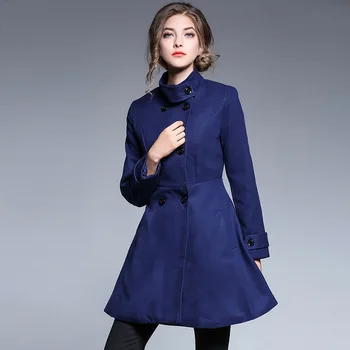 

Spring Autumn new Fashion Overcoat Women Long Standing collar Woolen Jackets Women Double-breasted Red Blue Outerwear Coat NO901