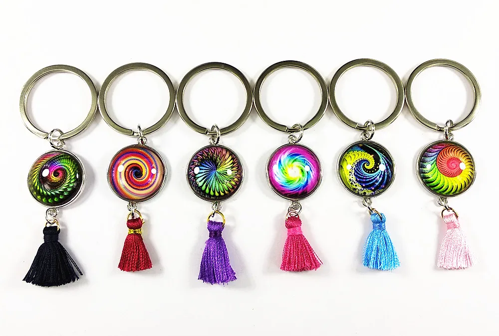 

Jiangzimei 24pcs tasseled key chains with colorful wave whirlpools Mandala glass Cabochon national retro st key buckle ring