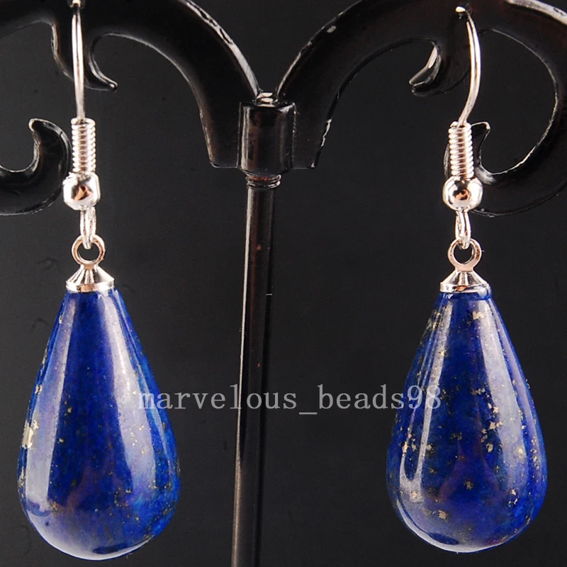 

Free Shipping Beautiful Natural Lapis Lazuli Round Water Drop Beads Earring PC4133