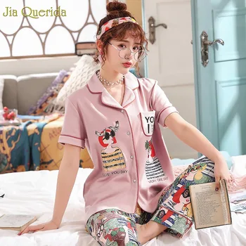 

Pajama Sets Women 2019 New Fashion Cotton 100% Loungewear Women Sleepwear Short Sleeve Long Pants Home Suits Pink Pajamas Woman