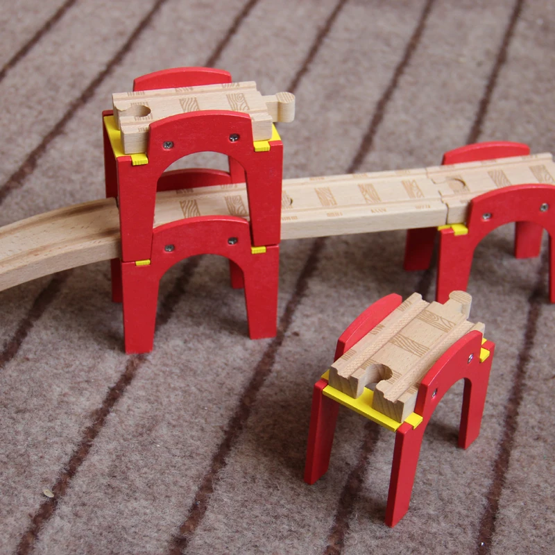 

Red Stacked Piles Piers Wood Track With Clock Train Slot Railway Accessories Original Toy For Kids -EDWONE
