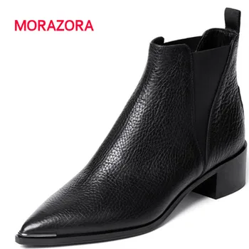 

MORAZORA 2018 new pointed toe square heel stretch fabric+genuine leather boots autumn winter med heel boots slip on women boots