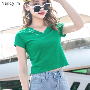 

New High Waist T-shirt Short Sleeve V-collar Green Blusas Girls Lady Retro Short T-shirt Bare Umbilical Tees All-match Slim Tops