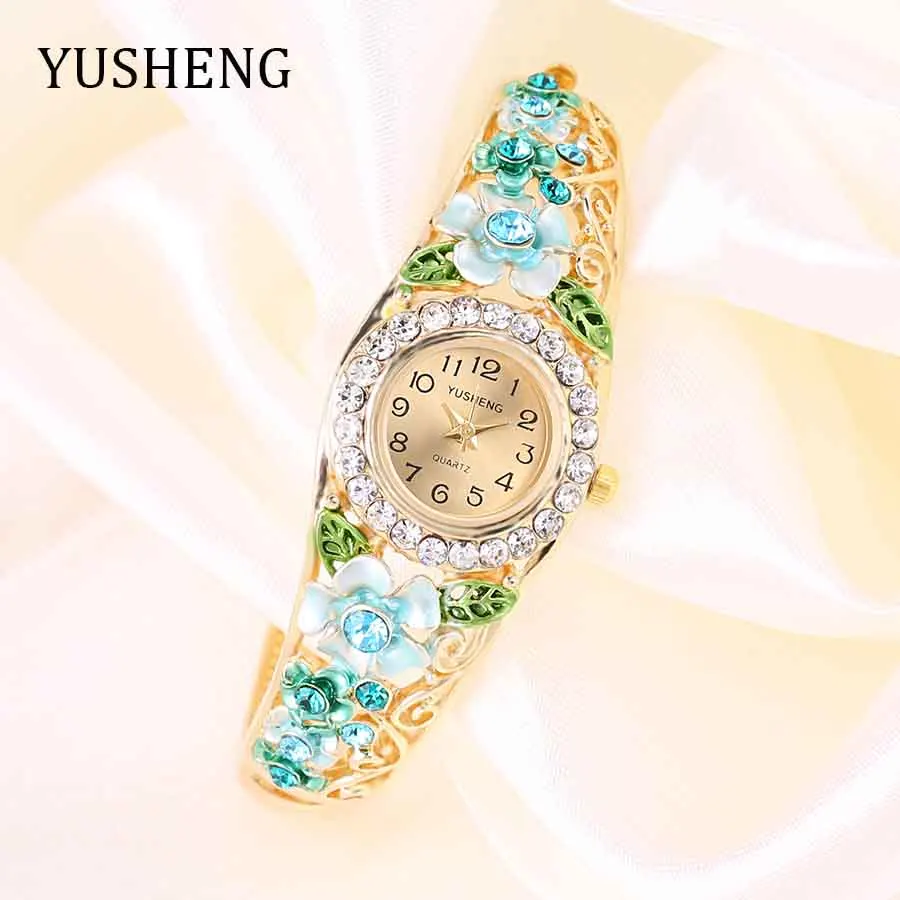 

YUSHENG Brand Luxury Ladies Quartz Watches Women Dress Watch Vintage Flower Pattern Wristwatch Fashion Female Bracelet Watches