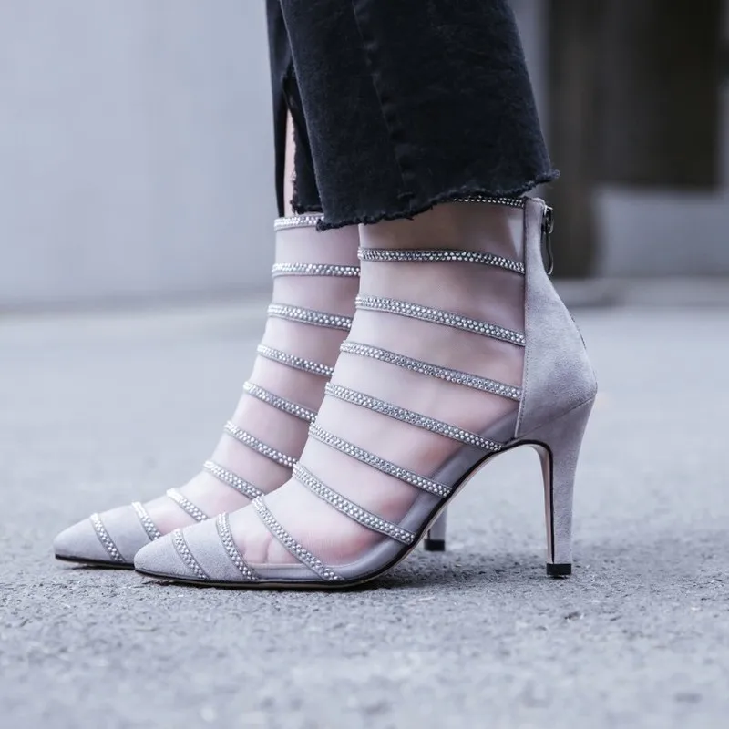 

Womens Pointed Toe Mesh Rhinestones Crystal Ankle Boots Summer Breathable Stilettos High Heel Shoes Black Grey A1094