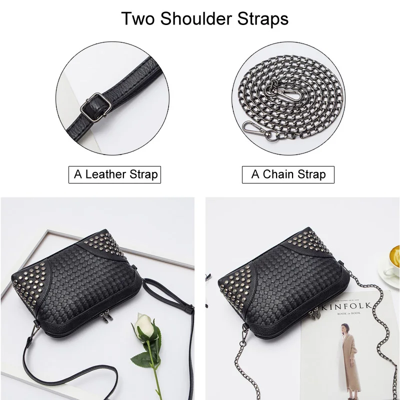 الحياكة Crossbody حقيبة المرأة الفضة حقائب اليد البسيطة الذهب المنسوجة يوم مخلب المسامير الأسود جلدية الشاطئ الكتف حقيبة ساعي XA93H