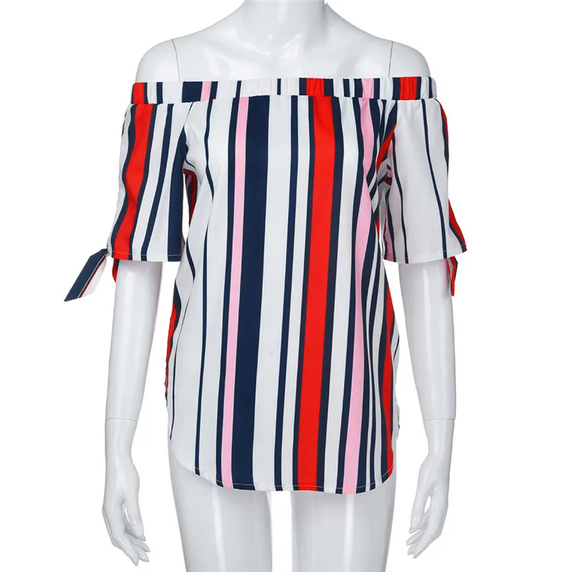 Fashion womens tops and blouses summer 2018 Casual Off Shoulder Bandage Stripe Printed Tops Blouses Shirts camicette Y30#N  (4)