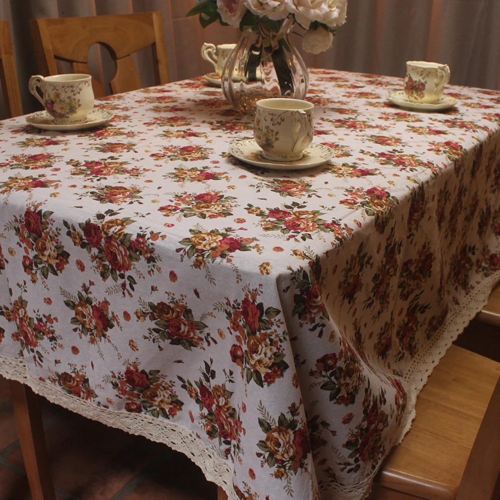 Curcya بيج/الشوكولاته/الأزرق القطن الكتان غطاء الطاولة الرعوية روز الزهور المطبوعة مقهى فندق مطعم سماط Curcya بيج/الشوكولاته/الأزرق القطن الكتان غطاء الطاولة الرعوية روز الزهور المطبوعة مقهى فندق مطعم سماط