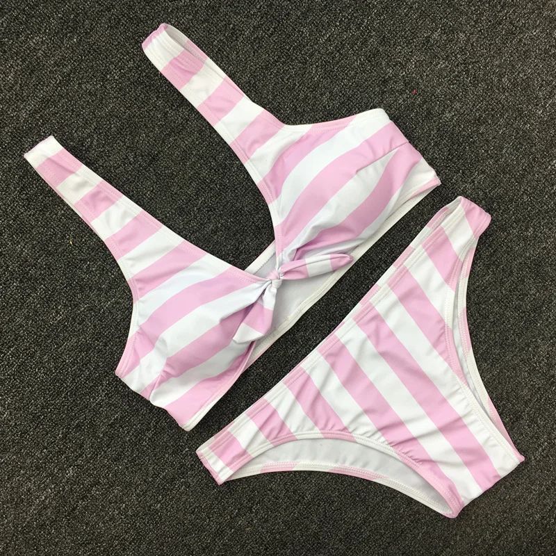 Light Pink Striped Bikinis Set Cross Sexy Swimsuit Female Push Up Micro