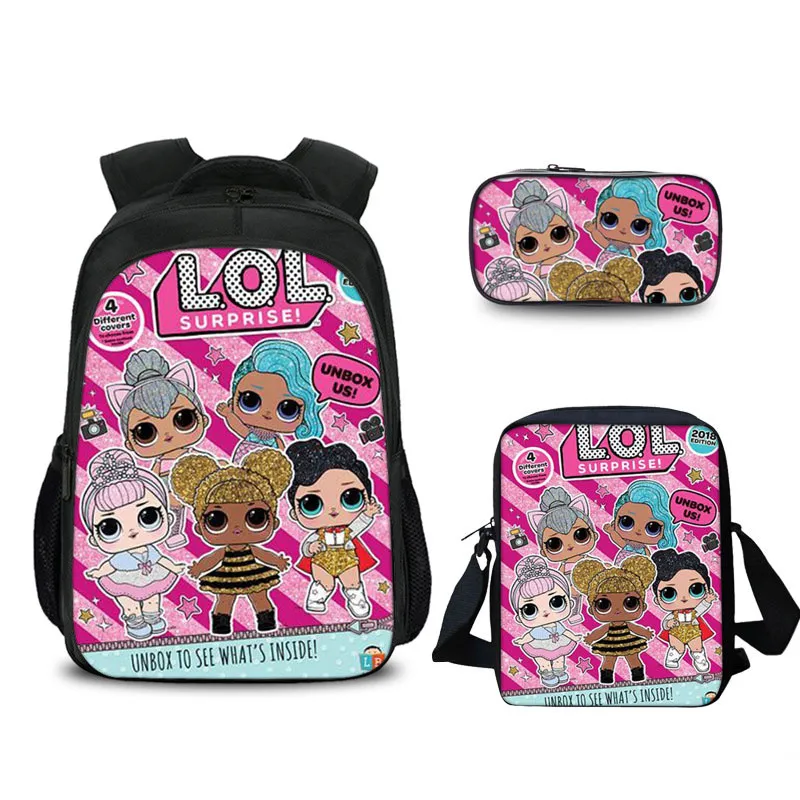 

3Pcs/Set 3D Kids LOL school Bag LOL Dolls Pets Backpack Custom Image Name Printed design Book Schoolbag mochila for Girls Gifts