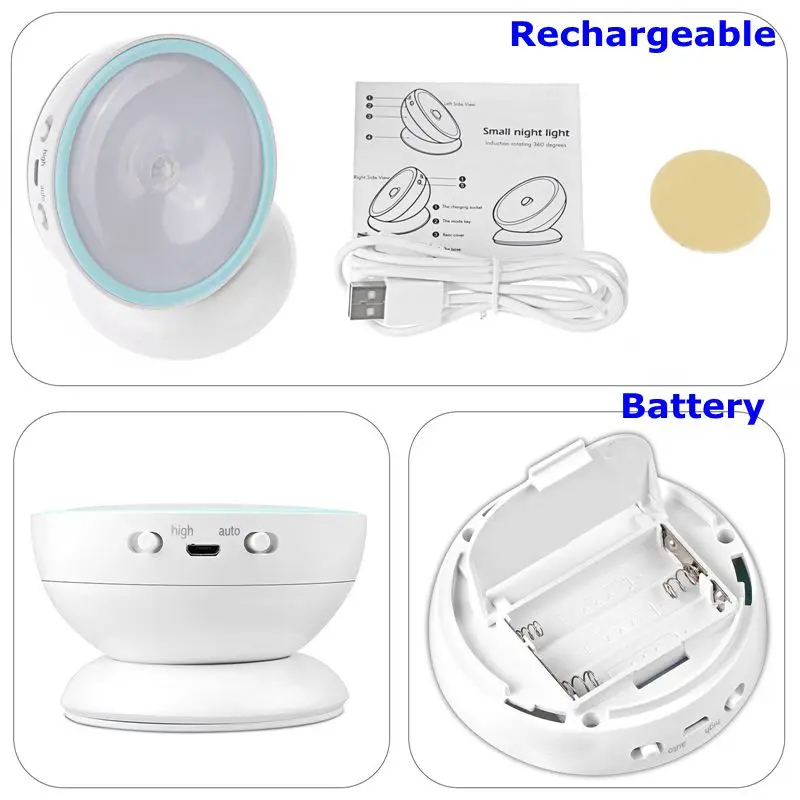 Magnetic 360 Degree Rotate Motion Senser Automatic LED Wall Night Light Auto OnOff Battery Recharge Operation 6
