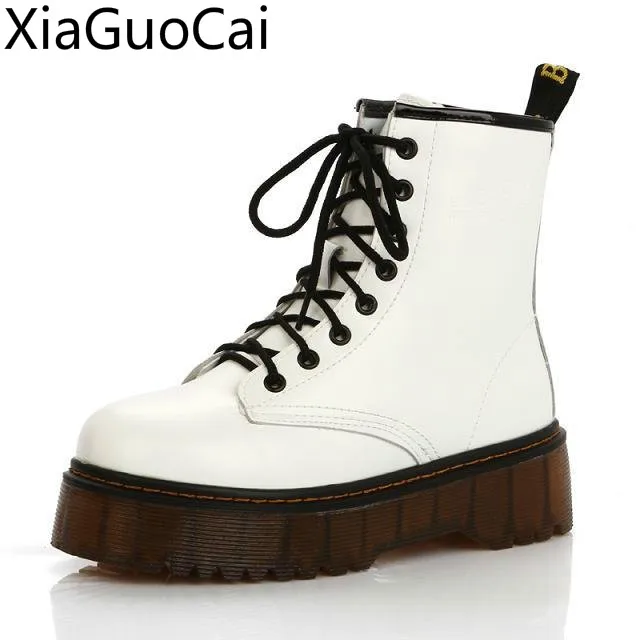 

Winter New Women's Martin Boots Waterproof Platform Solid Cross Straps Martin Boots Rubber PU Leather Military Boots