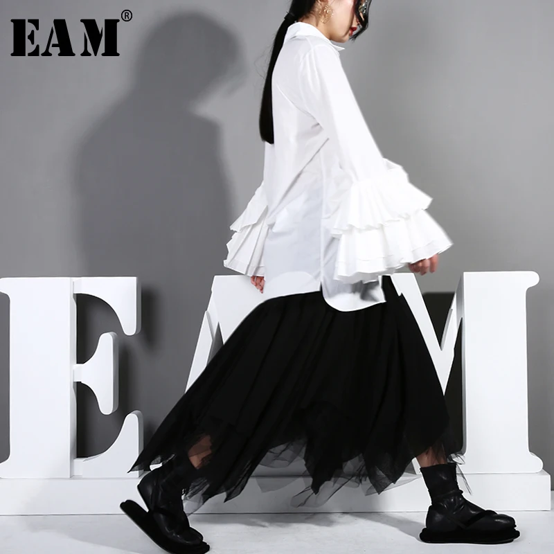 

[EAM] 2019 New Autumn Winter Lapel Long Sleeve White Cuff Pleated Split Joint Loose Shirt Women Blouse Fashion Tide T162