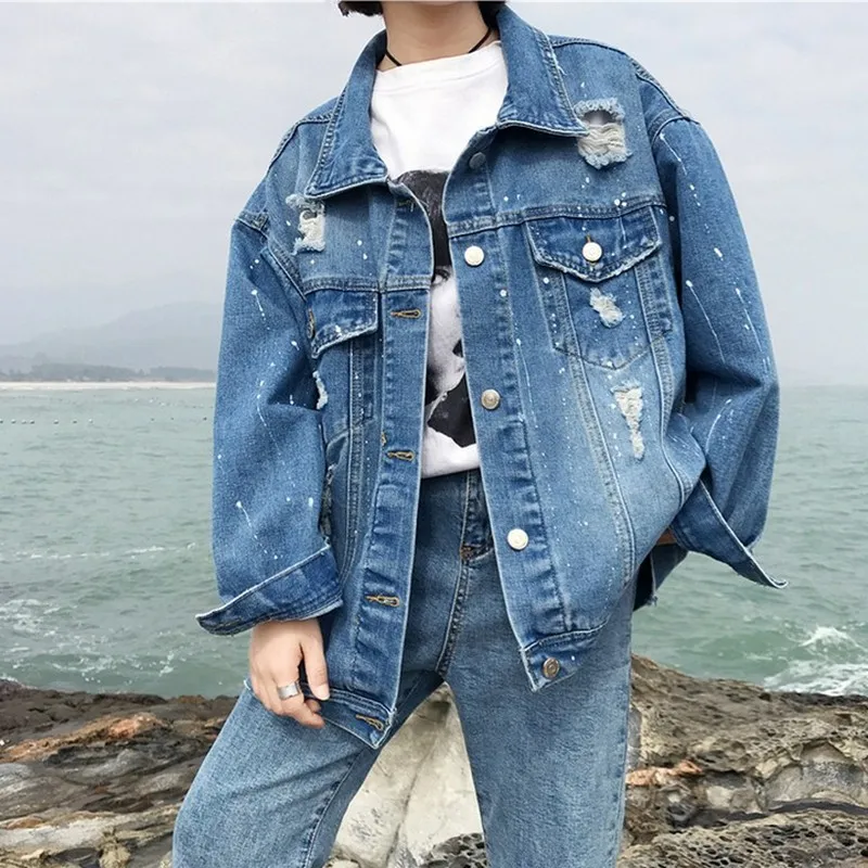 

New Hole Vintage Denim Jacket Women Long Sleeve Wild Loose White Paint Point Female Harajuku Coats Tide