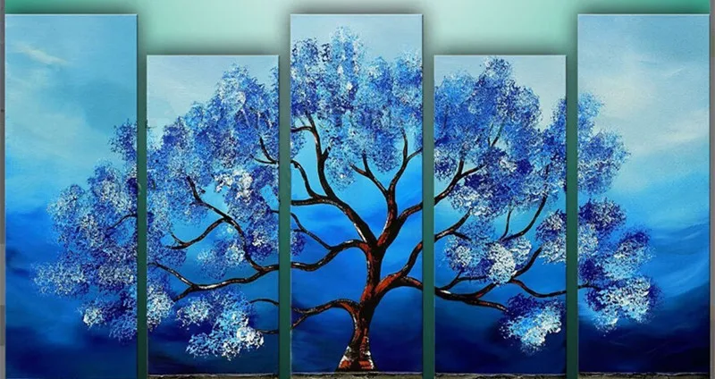 

Handpainted Abstract Blue Tree Oil Paintings on Canvas Modern Home Decorativos Wall Arts Large 5 Panel Flower Painting Pictures