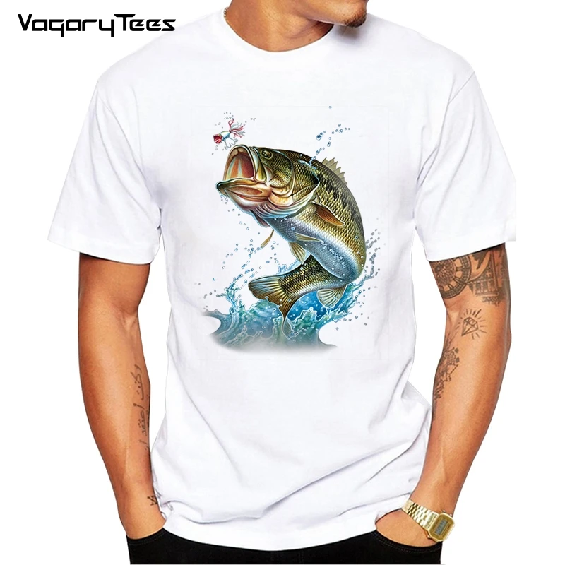Men's T Shirts Big Fish 3D print Largemouth Bass Fish White t shirt men