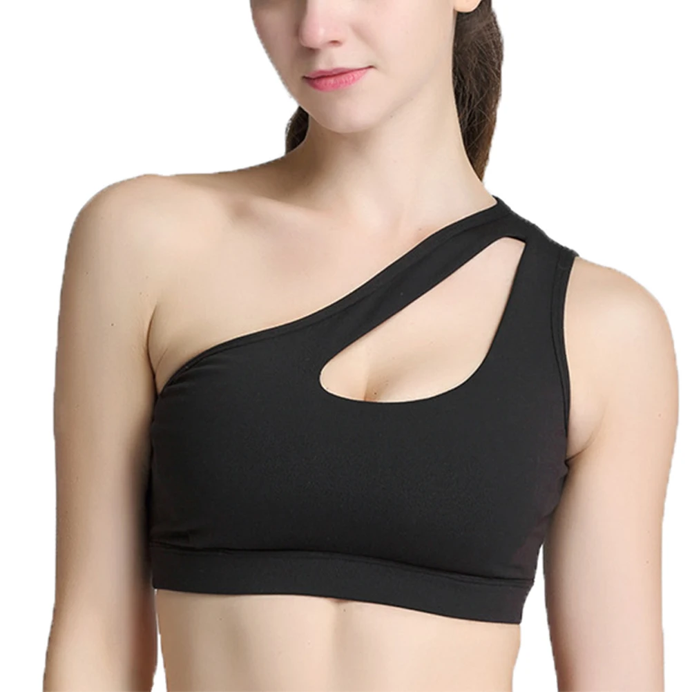 Women Sexy Single Shoulder Hollow Sports Bras Padded Wire Free High