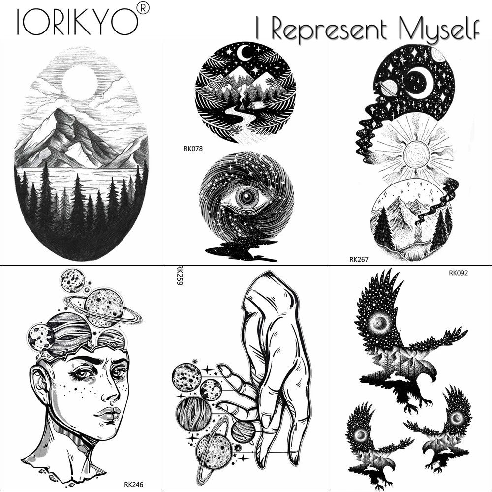 Diy Black Geometric Timber Temporary Tattoo Women Planet Hands Arm Tattoo Stickers Men Fashion Eagle Round Eye Fake Tatoos Decal Temporary Tattoos Aliexpress