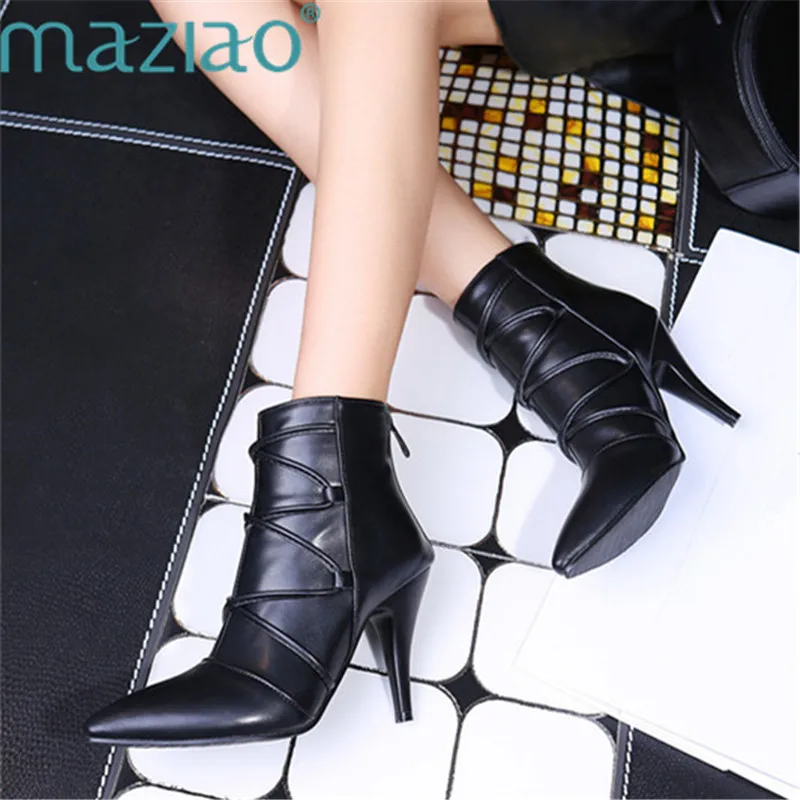 

Quality Women Cross Strap Leather Sexy Boots Pointed Toe Stiletto High Heels Ankle Booties Side Zipper Short Boots MAZIAO