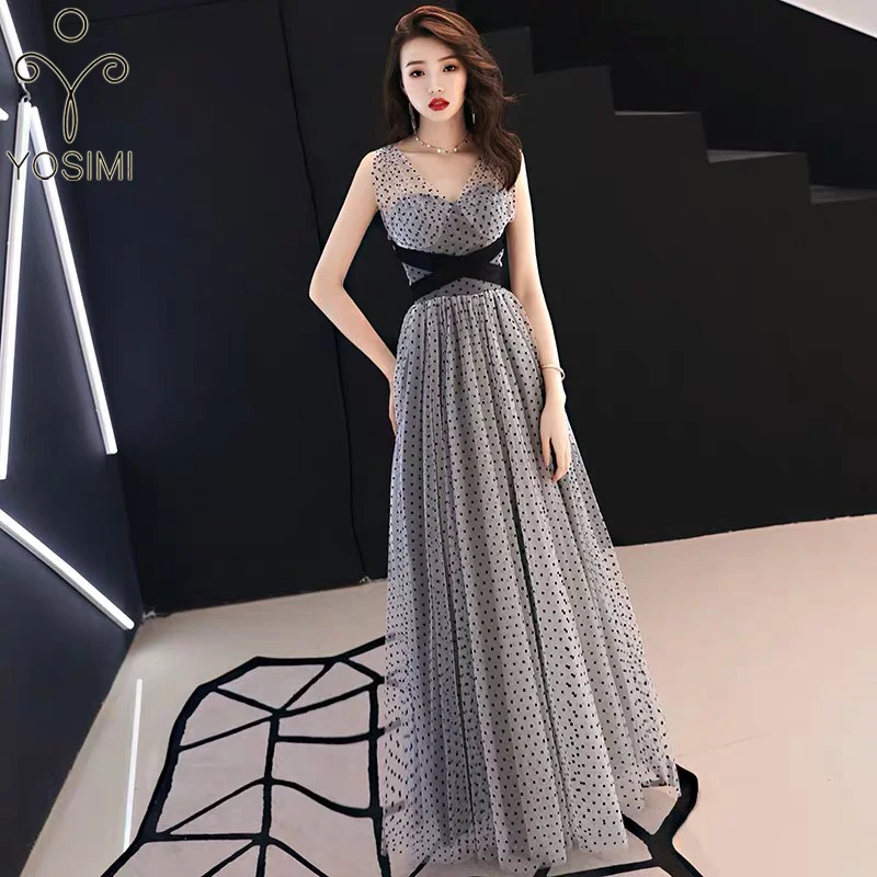 YOSIMI 2019 Summer Evening Party Dress Dot Mesh V-neck Sleeveless Elegant Maxi Long Noble Slim A-line Dresses Woman Party Night