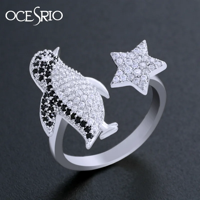 

OCESRIO Fancy Zirconia Silver Womens Rings Jewelry CZ Crystal Cute Open Finger Animal Penguin Jewellery Rings Woman rig-h18