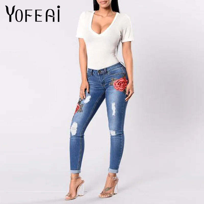 YOFEAI новые джинсы женские модные джинсы с высокой талией женские вышитые цветы на джинсовой ткани узкие брюки женские узкие джинсы плюс размер