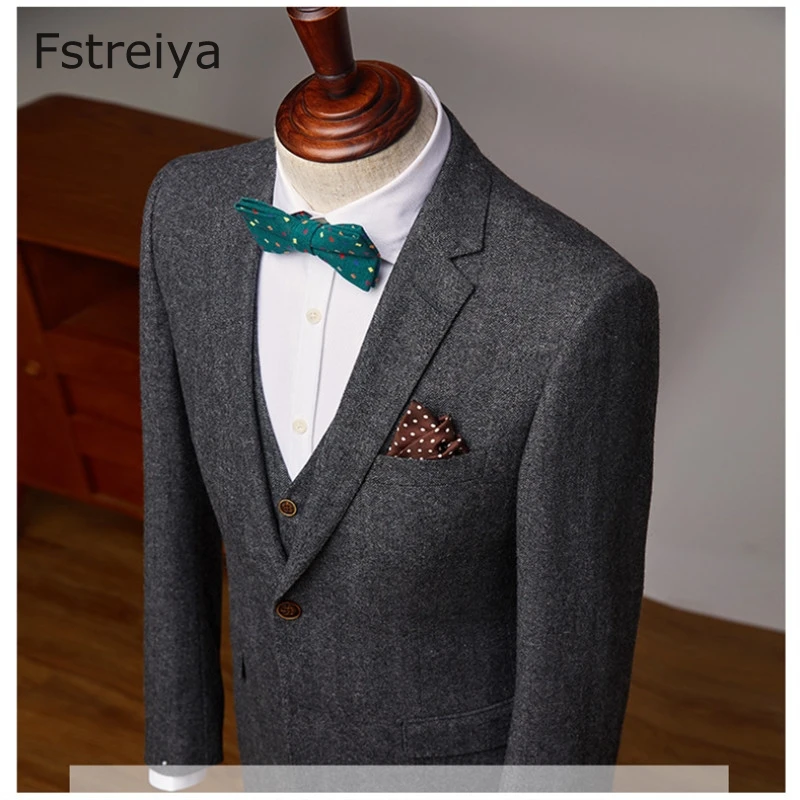 Custom made wool men slim fit suits for wedding tailored tweed suit with pants men groom clothes latest coat pant design 3 piece