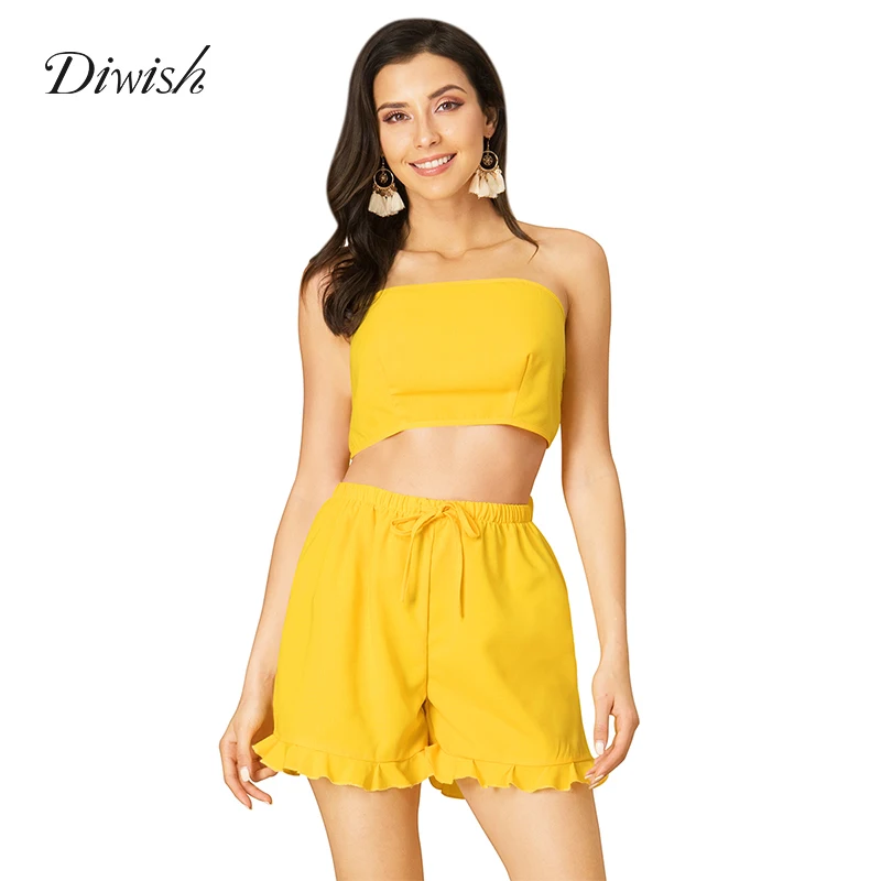 

Diwish Yellow Top and Shorts Casual Solid Short Style Sexy Summer Outfits Strapless Drawstring Two Piece Short Set for Women