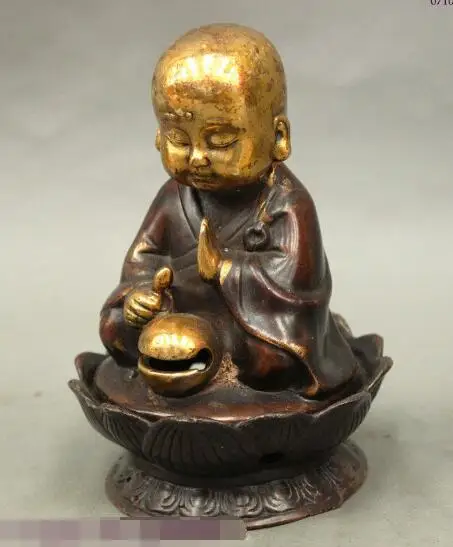 

S5481 6" Chinese Buddism Bronze Gilt Monk Amitabha Buddha Statue Incense Burner Censer